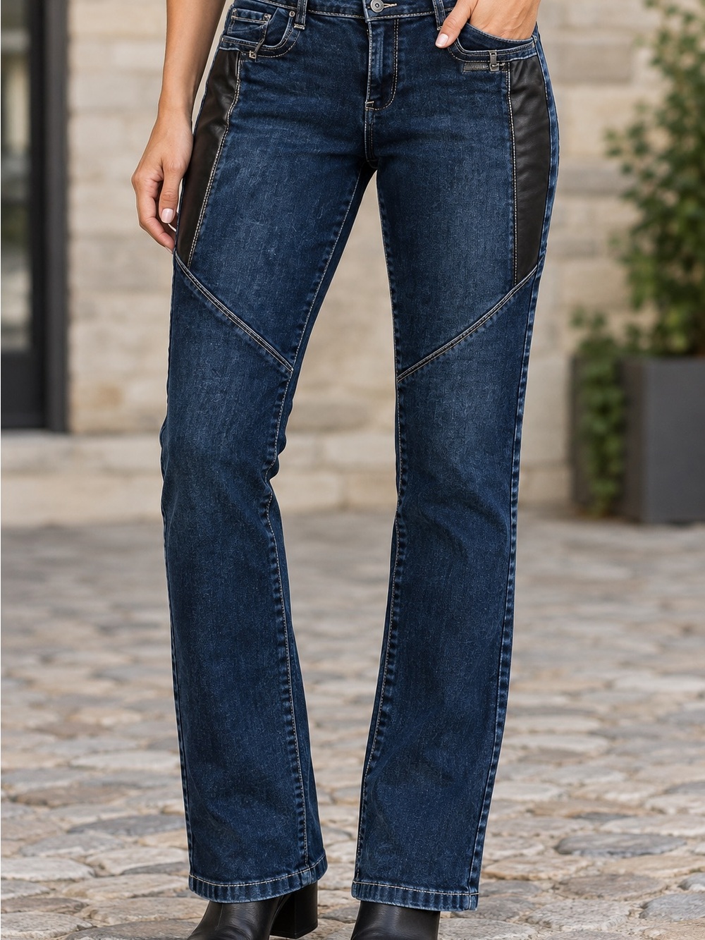SUKO JEANS Women’s Dark Wash Asymetrical Vegan Leather Jeans Sz14 Flattering EUC